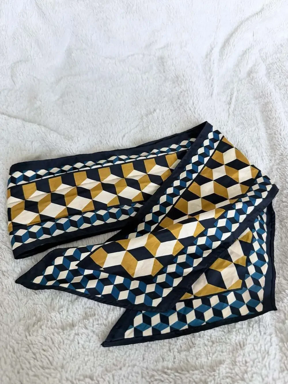 Geometric Pattern 100% Silk Twill Skinny Scarf, Navy Blue, Yellow, and White